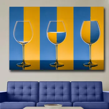 Wxkoil Wall Art Víno sklo strip žltá modrá farba Maľovanie Obývacia Izba Domáce Dekorácie olejomaľba na Plátne Nástenné Maľby
