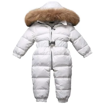 Dieťa onesie dole kabát kožušinovou kapucňou hrubé biele kačacie snehu nosenie pre 9-24month deti novorodenca batoľa Zimná páperová bunda vrchné oblečenie