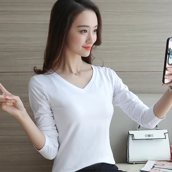 Nové 2020 čierne biele dámske long-sleeve t-shirt kórejský V krku Slim úsek bežné klesnutie tričko farbou ženy, dievčatá hore