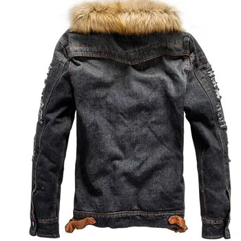 Jeans Bunda, Kabát Tučný Štýl Coats Ázijské Veľkosť M-4XL Jeseň a v zime mužov s kapucňou kožušiny golier plus velvet hrubý denim jacket