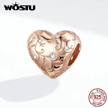 WOSTU 925 Sterling Silver Kvet Retro Vzory Srdce Korálky Rose Gold Kúzlo Fit Originálny Náramok Prívesok DIY Šperky BKC1323-C