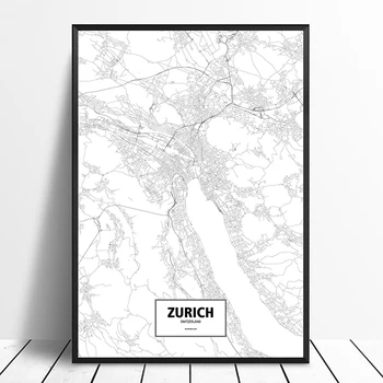 V Zürichu, Švajčiarsko Čierna Biela Vlastný Svet Mape Mesta Plagát Plátno Tlačiť Nordic Štýl Wall Art Domova