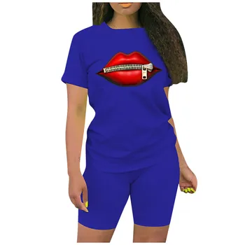 Dvojdielne Červené Pery Tlač ženské Oblečenie-Krátke rukávy O Neck T-shirt a Tesný Šortky Jednoduchý Štýl Tepláková súprava Oblečenie