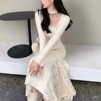 Pevné Vintage Pletené Šaty Žien Zimné Patchwork Elegantné Duté Z Slim Midi Šaty Žena Kórejský Elegantné Zimné Šaty Žien 2020