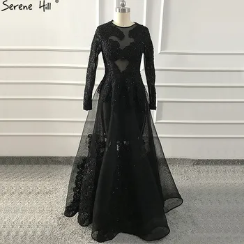 Čierna O-Krku Ručné Kvety Večerné Šaty 2020 Dlhé Rukávy Pohľadu Sexy Večerné Šaty Serene Hill LA60837