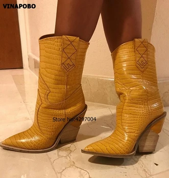 2019 Nové originálne kožené Robustný kliny členková obuv ženy sexy hadí vzor pointy prst krátke Kovbojské topánky, vysoké podpätky, topánky ženy
