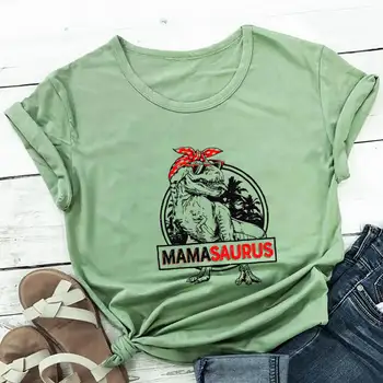 Mamasaurus Bavlna Farebné Tlač Ženy Tričko Zábavné Príležitostné O-Krku Krátke Rukáv Top Mama Tee Deň Matiek Darček Vianočný Darček
