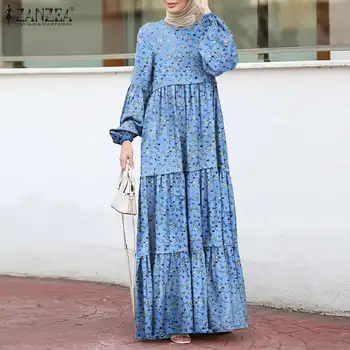 Žien v Moslimských Sundress Elegantné Tlač Prehrabať Šaty Žena Vrstvený Tlačené Šaty Plus Veľkosť ZANZEA Bežné Lístkového Rukáv Maxi Vesitdos
