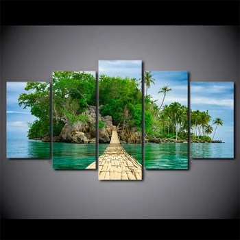 HD Vytlačené 5 Kus Plátna Umenie Zelený Ostrov, Maľovanie Drevený Most Stenu Obrázky a Decor Zarámované Maľovanie