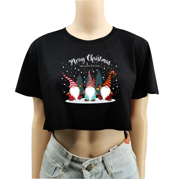 2020 Veselé Vianoce A šťastný Nový Rok Vtipné Trpaslíkov Tlač Krátke Tričká Ženy Pupok Streetwear Módy Oblečenie Top Tee Tričko