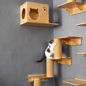 Montáž na stenu mačka preliezkami mačka, strom masívneho dreva šesťhranné kabíne mačka stenu mostík pet nábytok