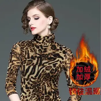 Blúzka Ženy Leopard Tlač Žien Dlhým Rukávom Top Tepelnej Turtleneck Slim-Fit Vytlačené Košele Blusas Ropa De Mujer