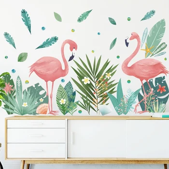 Nordic štýl Flamingo Pár Samolepky na Stenu Obývacia izba, Spálňa, detská izba Stenu Decor Zelené Listy Vinyl Stenu Umenie, nástenné Maľby