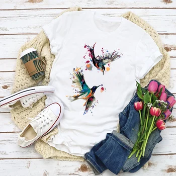 Ženy Grafické Cartoon Vták Maľovanie Kvetinové Módne Letné Tričko Topy Lady Oblečenie T-Shirt Dámske Oblečenie Čaj Ženský T Tričko