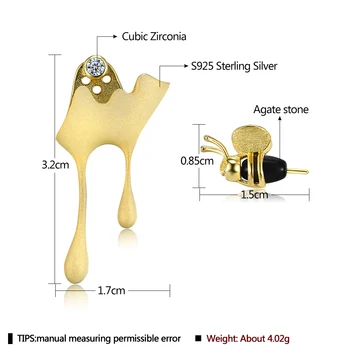 PFHOO Reálne 925 Sterling Silver Roztomilý Zlatá Farba Bee A Odkvapkávanie Med Asymetrický Stud Náušnice Pre Ženy Jemné Strieborné Šperky