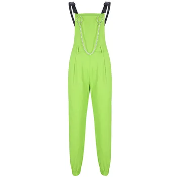 Bavlna Pevné Neon Zelená Kombinézach Žien Goth Oblečenie Ramenný Reťazca Pracky Vrecku Romper Ženy Dlho Jumpsuit Streetwear