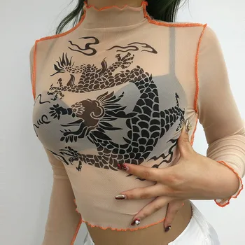 Harajuku Oka Plodín Top Dlhý Rukáv T Shirt Ženy Kawaii Dragon Grafické Tees Sexy Vidieť Cez Turtleneck Letné Tričko