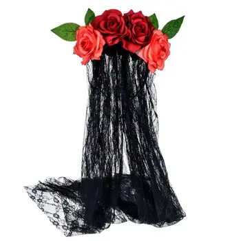 Ženy, Svadobné Halloween Svadba hlavový most Koruny Kontrast Farieb Faux Ruže Kvet Deň Mŕtvych Vlasy Obruč s Čiernou Čipkou Závoj