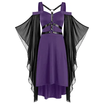 Ženy Plus Veľkosť Pevných Gotické Šaty Dámske Criss Cross Čipky Patchwork Motýľ Rukáv Šaty Lolita Módy Halloween Party Šaty