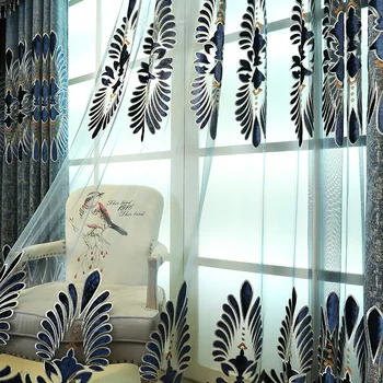 Európska luxusné modré závesy pre obývacia izba high-end ženilkové velvet vyšívané závesy pre spálňa jedáleň záclonka
