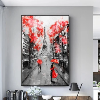 Romantický Pár Pod Dáždnik Parížskej Eiffelovej Veže Plátne Obrazy Umenie Plagáty a Vytlačí Milenca obrazov na Stenu pre Obývacia Izba