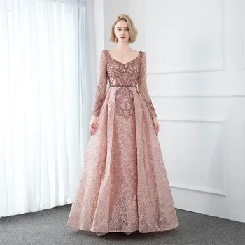 YQLNNE 2020 Kolekcie Pink s Dlhým Rukávom, Vyšívané Večerné Šaty V Krku Kryštály Korálkové Formálne Večerné Šaty