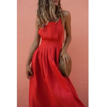 2020 Sexy Letné Šaty Žien Backless Kríž Šnúrkou Plážové Šaty, O-krk Sexy Červené Vintage Sundress Ženy Femal.