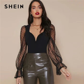 SHEIN Black Prehrabať Putá Úplnej Swiss Dot Oka Rukáv Top Ženy 2021 Jar Milú, Krku, Pevné, Elegantné Slim Fit Elegantné T-shirts