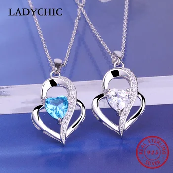 LADYCHIC Hot Predaj Luxusný 925 Sterling Silver Láska Srdce Prívesok Náhrdelníky pre Ženy, Svadobné Modré Crystal Šperky Darček LNS1002