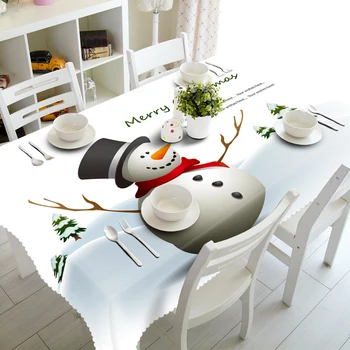 3D Roztomilý Snehuliak Obrus Veselé Vianoce Zime Sneh Scény Nepremokavé Zahustiť Obdĺžnikové a Okrúhly obrus na Svadbu
