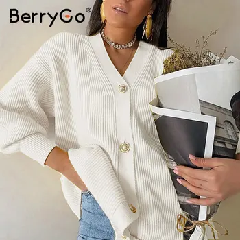 BerryGo Bežné tvaru krátky pletený sveter ženy Jeseň zima svietidla rukáv tlačidlo žena cardigan Streetwear dámy sveter