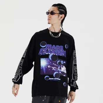 2020 Jeseň Zima Kozmického Planéty Print T Shirt Hip Hop Voľné Tričko Dlhý Rukáv Harajuku T-Shirt Bežné Tees Košele