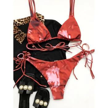 V-X String bikini 2020 s uväzovaním za 2 kusy set Print plavky ženský Trojuholník plavky ženy High cut plavky Brazílsky nové