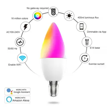 Tuya WiFi Smart Žiarovky RGB + W + C LED Sviečka Žiarovka E14 Stlmiť Svetlo Smart Života / Diaľkové Ovládanie Kompatibilné Pre Alexa Domovská stránka Google