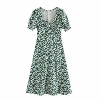 Nové 2020 Ženy vintage námestie golier kvetinový tlač split zelené Šaty žena krátky rukáv hrudníka zloženke Vestidos Elegantné Šaty DS3784