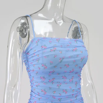 NewAsia Oka Ženy Šaty Letné 2020 Špagety Popruhy podkolienok Elegantné Šaty Slim Fit Kvetinový Tlač Ruched Šaty Modré