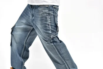 Hip Hop Mens Neforemné Jeans Modrá Multi Vrecká Nákladu Džínsy Muž Voľné Skateboard Džínsové Nohavice P3071