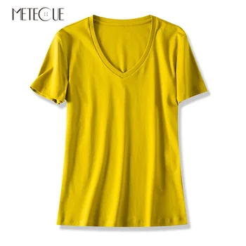 Bežné obojstranné Mercerized Bavlna Tee Košele Ženy tričko Basic V Krku Krátke Rukáv Tričko Ženy Topy Lete roku 2019