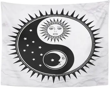 Yin Yang Symbol s Sun Moon Tváre Hviezdy Abstraktné Okultné a Mystické Znamení Black White Duchovné Feng Gobelín Domova Stenu