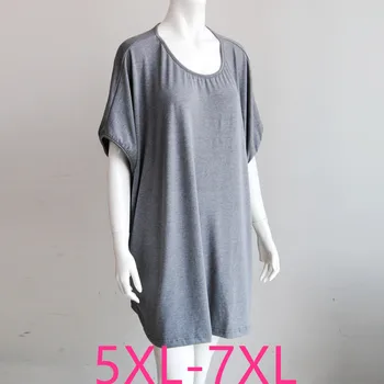 Nové dámske letné plus veľkosť topy pre ženy veľké batwing rukáv voľné bežné elastické O krk dlhý T-shirt čierna šedá 5XL 6XL 7XL