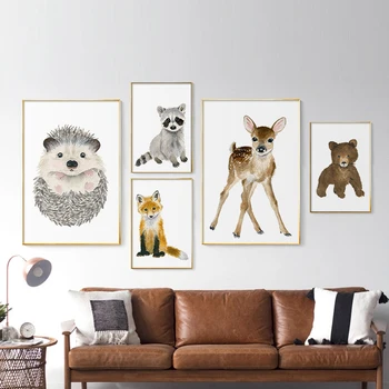 Plátno Na Maľovanie Plagátu Jeleň Medveď Líška, Mačka Ježko Vytlačí Škôlky Obrázky Zvierat Wall Art Detská Izba Obývacia Izba Domova