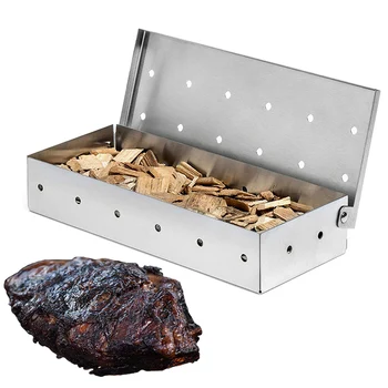Fajčiar Box pre BBQ Gril Drevnej Štiepky - Nerezové Grilovacie Príslušenstvo - Uhlie a Plyn Grilovanie Mäsa Fajčenie s 2 Kefy