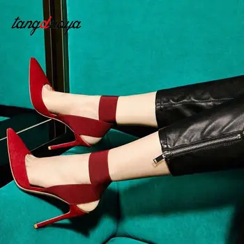 Dámske vysoké podpätky strany topánky ženy čerpadlá vysoké podpätky ukázal prst čerpadlá členok popruhu topánky black red tacones mujer sexy altos
