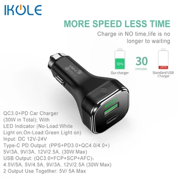 IKOLE PD30W 5A USB Nabíjačka do Auta Rýchle Nabíjanie QC4+ QC3.0 Pre Huawei SuperCharge Samsung Typ C PD20W Rýchle Nabíjanie Pre iPhone, iPad