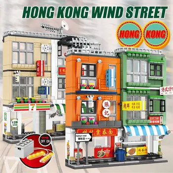 Mesto Tvorca Street View Hong Kong Štýl Obchod Údaje Tehly Technic LED Dom Architektúra Stavebné Bloky, Hračky Pre Deti,