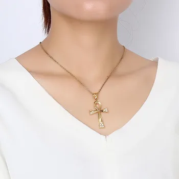 Vintage Ankh Egyptský Kríž Náhrdelníky pre Ženy, Mužov Bling CZ Kameň z Nehrdzavejúcej Ocele Jadrom Ansata Náboženské Modlitby Unisex Šperky