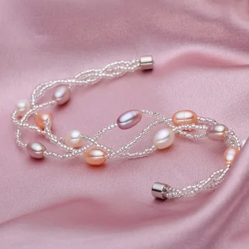 Móda prírodné sladkovodné perly náramok pre dámy perlový Náramok šperky ryža tvaru Multi-layer perly brcelets