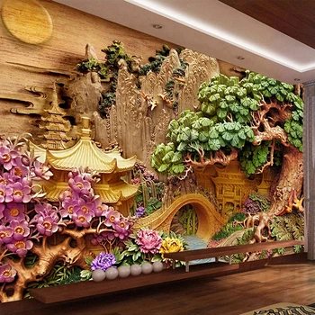 Vlastné Horské Vodné Krajinu 3D Dreva-Rezbárske Umenie Dekorácie, Nástenné Maľby Štúdia Obývacia Izba, TV joj, nástenná maľba Tapety