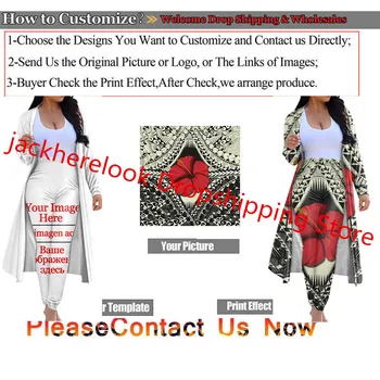 Jackherelook 2 Dielna Sada Ženy Cardigan Červená Polynézske Tetovanie Ibištek Plumeria Dizajn Značky Chudá Dlhé Nohavice Dva Obleky, Oblečenie