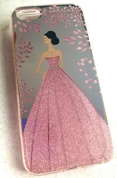 Plastový kufrík s flitrami pre iPhone 5/5S/5se dievčatko v ružových šatách